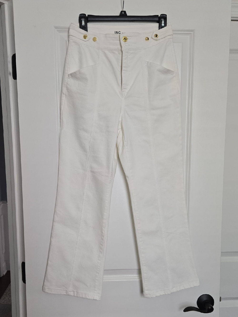 INC International Concepts Cream High-Rise Flare Jeans with Gold Buttons